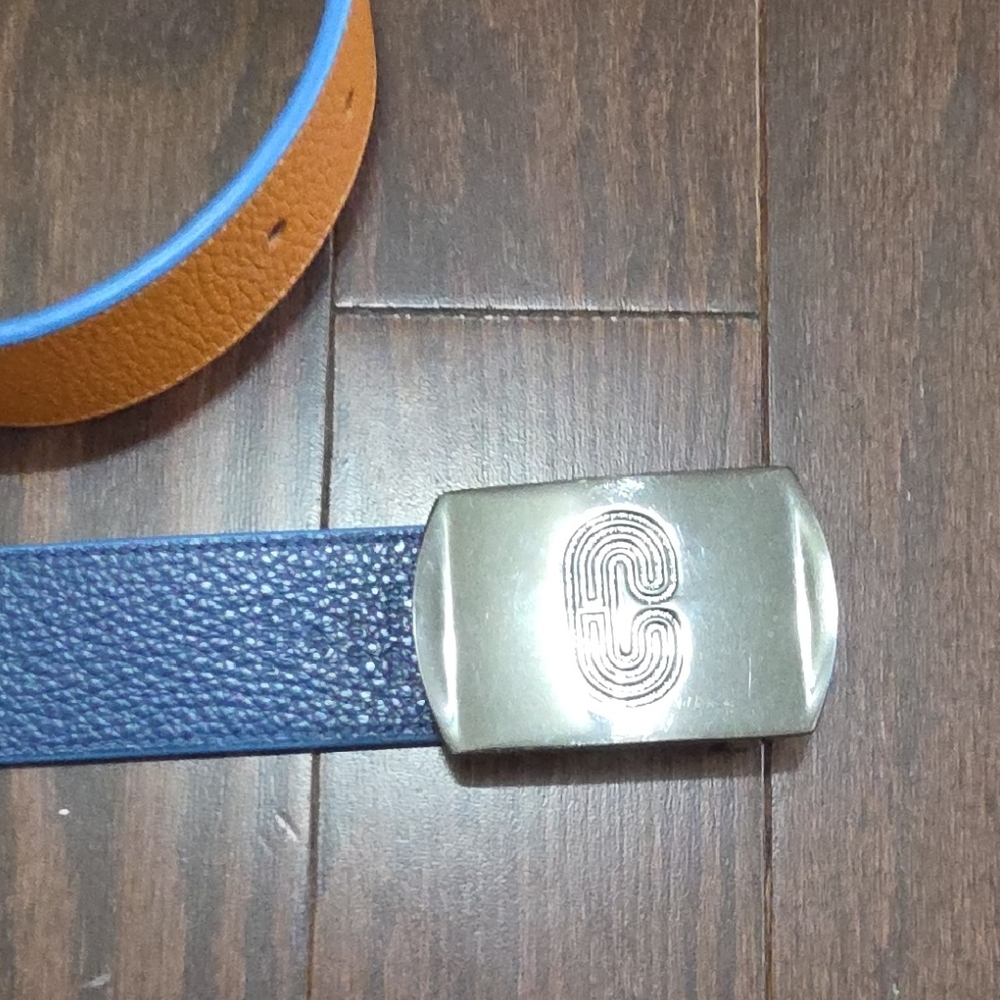 Coach Men's Reversible Leather Belt in Orange and Blue with Logo Buckle - Picture 6 of 10